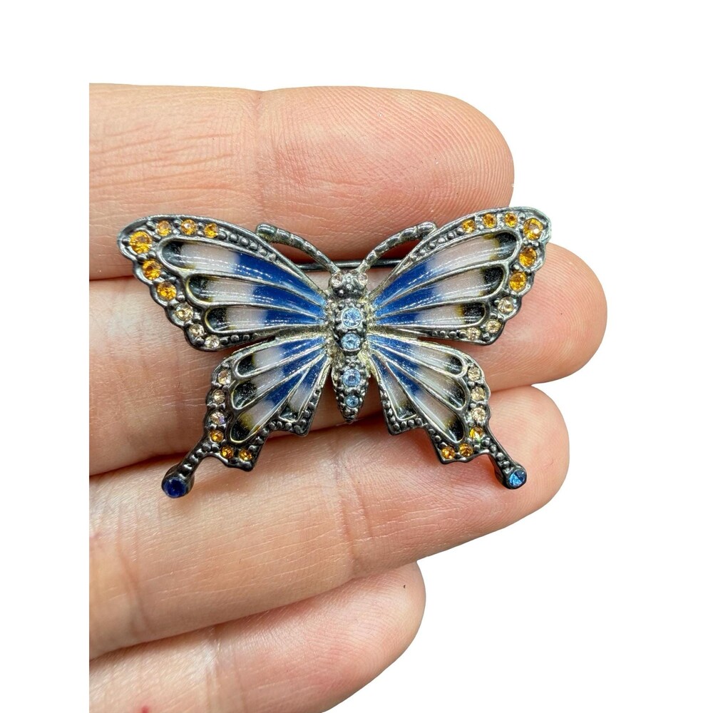 Monet Blue Butterfly Brooch Enameled with Rhinestones in Silver Tone Metal
